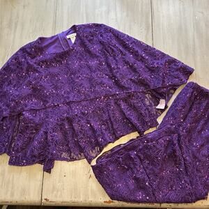 Seven Karat Purple Sequins Skirt Set Sz 4X Modest Church Outfit Peplum Cape USA